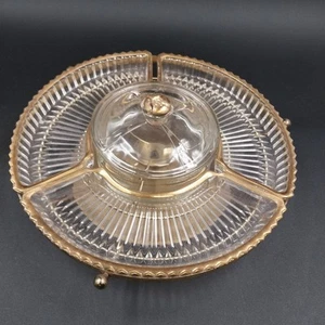Faber Bros Lazy Susan Appetizer Tray Gold & Clear Glass 4-Part w Lid 10.5" Vtg - Picture 1 of 6