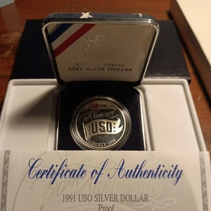 1991-S USO 50th Anniversary Commemorative Silver Dollar - 90% Silver w/Box & COA - Picture 1 of 7