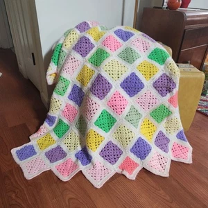 VTG Granny Square Afghan White Rainbow Spring Pastel Throw Blanket Cottage GUC - Picture 1 of 10