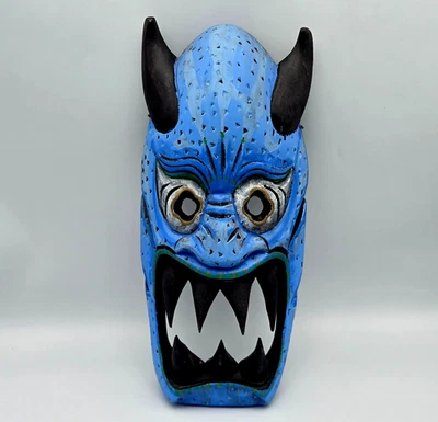 Carved Wood Blue Painted Demon Mask Pointed Teeth Fangs Horns Wall Art Signed GW - Image 1 of 4