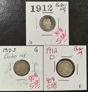 Lotto di tre (3) monete da barbiere 90% argento 10c ben circolate 1912 PDS (#779) - Foto 1 di 8