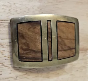 Exotic Wood Inlay Brass Dress Belt Buckle Boho Hippie Vtg 70s - Picture 1 of 5