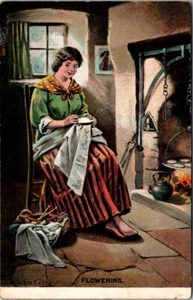 Vintage Postcard Woman Crocheting Flowering JS3 - Picture 1 of 2