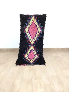 Moroccan Vintage Black Runner Rug 2x5 Handmade Geometric Berber Colorful Carpet - Picture 1 of 9