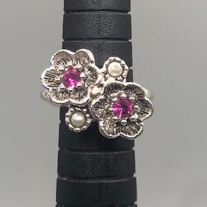 Avon Floral Ring Size 4 Silver Tone Pink Rhinestone Faux Pearl Fashion Costume