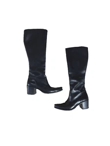DKNY Vintage Leather Boots Size 6 Spain Black Leather Western Cowboy Calf Heel - Picture 1 of 16