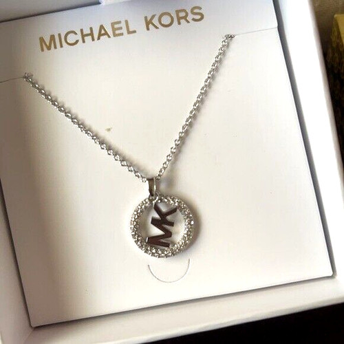 MICHAEL KORS MK Logo Ottone Argento Collana Cristalli Pavimentazione MKJ7326040 + CONFEZIONE REGALO MK