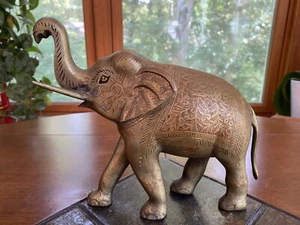 Vintage Antique Etched Indian Brass Elephant Statue Sculpture Red, Gold, Black - Picture 1 of 12