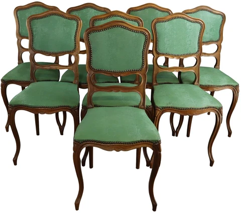 Antique French Dining Chairs Set 6 Louis XV Rococo Turquoise Blue Upholstery Cover