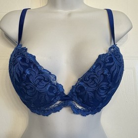 La Perla 3 Blue Padded Underwire Lace Floral Bra Size 36C Made In Italy Silk