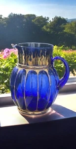 Vintage Cobalt Blue Euro Glass w/ Gold Accents Hand Blown Pitcher Decor Italy - Picture 1 of 10