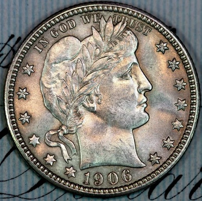 1906-D SOLID+ GEM BU MS BARBER QUARTER DC253 FROM MATTHEWS HOARD - Image 1 of 3