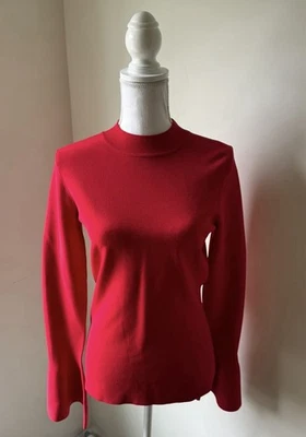 全新带标签 Diane Von Furstenberg M 码飘动袖模拟高领毛衣上衣红色 — 第 1/4 张图片