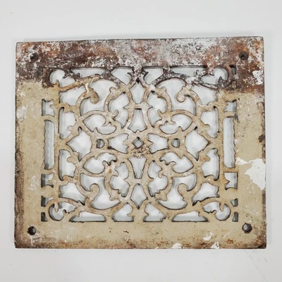 Grelha de aquecedor de ferro fundido vitoriana ornamentada antiga registro salvamento arquitetônico - Imagem 1 de 4