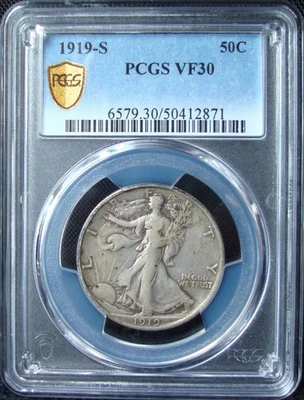 Meio dólar de prata 1919-S Walking Liberty - PCGS MUITO BOM ESTADO 30 - Escudo de ouro - Imagem 1 de 4