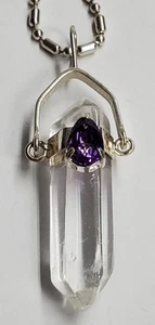 Sterling Silver Amethyst Crystal Hexagon Chakra Healing Pendant & Chain Necklace - Imagen 1 de 9