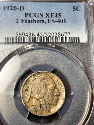 1920 D PCGS-XF-45 BUFFALO NICKEL RARE -2 FEATHER. Only 2 Graded Higher!!!! - Image 1 of 4