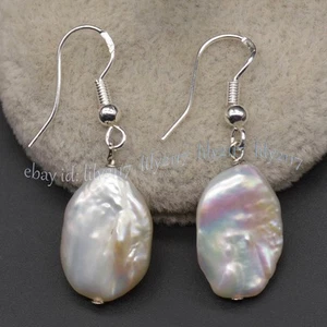 13-18mm Natural South Sea White Reborn Baroque Pearl Dangle Silver Hook Earrings - Picture 1 of 6