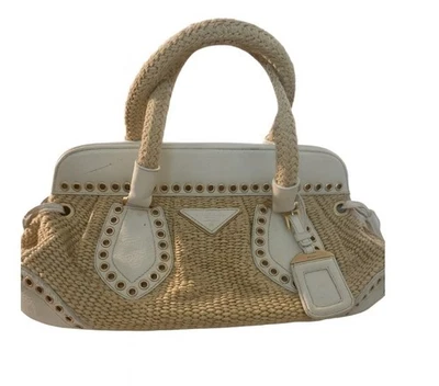 Подлинный Prada сумочка, винтажный. , кожаная отделка / сплетенная солома, желтовато-коричневый, тканые веревочные ручки - Изображение 1 из 4