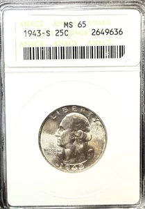 1943-S Washington Quarter – Brilliant Uncirculated – ANACS MS65 - Picture 1 of 4