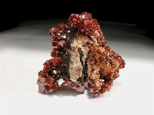 Grupo completo de cristal de vanadinita rojo cereza flotador con matriz negra y bronceada - Imagen 1 de 14