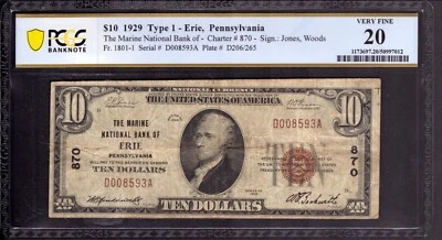 1929 $10 MARINE NATIONAL BANK NOTE CURRENCY ERIE PENNSYLVANIA PCGS B VF 20 - Image 1 of 2