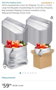 Thermal Box Liners for 13x8.5x12” Box Size Foil Insulated Liners 30 Pk - New! - Picture 1 of 4