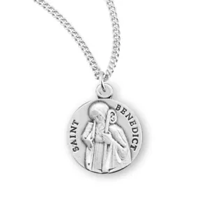 Round Sterling Silver Catholic St Benedict Medal Pendant on 20 In Chain Necklace - Picture 1 of 4