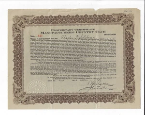 PENNSYLVANIA 1930 Manufacturers' Country Club Stock Certificate - Picture 1 of 1
