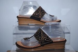 STYLISH Ladies black & gold beaded wedge heel sandals uk size 6