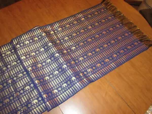 Thai Silky Linen Tablerunner 76x19 1/2 Blue Black With Gold Elephants Fringe - Picture 1 of 4