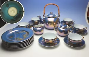 NEW 21-PC Japanese Porcelain Geisha Tea Set Gold Dragonware Blue Luster Glaze - Picture 1 of 12