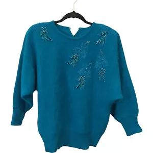 Suéter Pullover Tejido Angora Turquesa Bordado Floral Cuentas Vintage 1X - Imagen 1 de 7