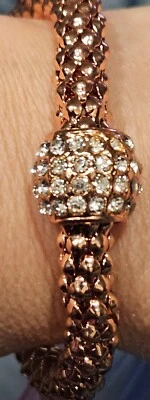 Rose Gold Tone Mesh Bracelet Rhinestone Floating Charm Jewelry 9"L - Image 1 of 4