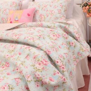 3 PCS Country Cottage Floral Cotton Bedspread Quilt Coverlet Shabby Chic Blue