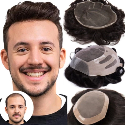 Men Human Hair Toupee Replacement System Wigs Mens Virgin Human Hair Curly Wave - Image 1 of 4