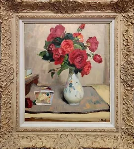 Lionel Floch -Still Life w/ Red Roses-1930s French Impressionist Oil painting - Picture 1 of 11