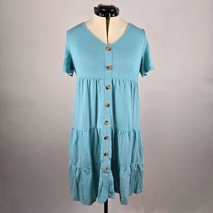 Kojooin Dress Women's Large Blue Ruffle Tiered Short Sleeve Button Detail VNeck - Picture 1 of 14