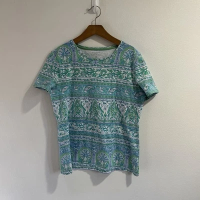 Talbots T-shirt Blouse LP Petite Green Turquoise Blue White Paisley Preppy - Image 1 of 4