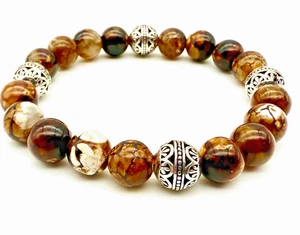Handmade 10mm Chocolate Agate & Tibetan Silver Gemstone Bead Bracelet - Picture 1 of 4