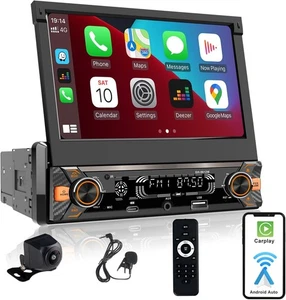 Single Din Car Radio 7" Flip Out Touchscreen Wireless CarPlay Android Auto 1din - Picture 1 of 7