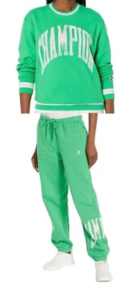 CHAMPION Logo Sweatshirt Sweatpants 2 Piece Set M Green Fleece Lined Athleisure - Image 1 of 4