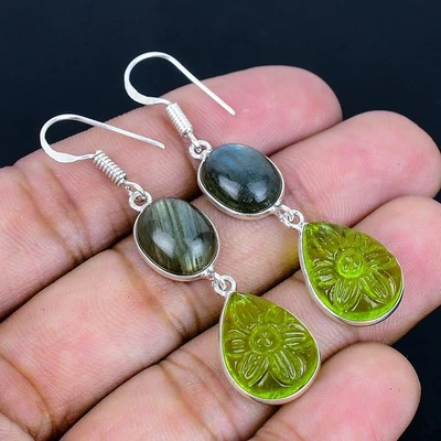 Peridot Carving 925 Silver Plated Handmade Earrings of 2.13" - Image 1 of 3
