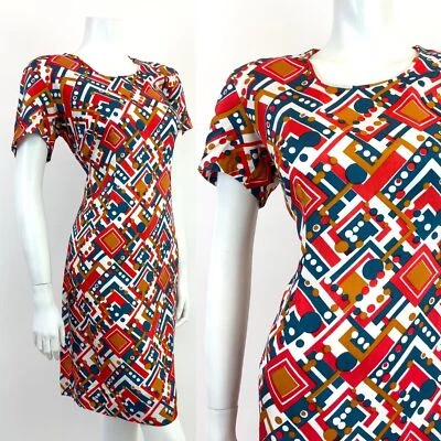 DE COLECCIÓN AÑOS 60 70 BLANCO AZUL ROJO BRONCE GEOMÉTRICO PUNTO MOD VESTIDO 12 14 Foto 1 de 4