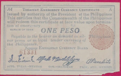 PHILIPPINES (GUERRILLA) 1 PESO 1944 NEGROS PROVINCE ORIENTAL CURRENCY COMMITTEE, - Image 1 of 2