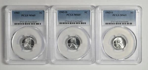 1943 P D S 1c Lincoln Steel Wheat Cent PCGS MS 65 Three Coin Lot Just Graded - Picture 1 of 3