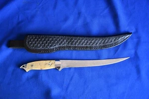 Custom Damascus "Sharky" Fillet Knife by COTE KNIVES with Leather Sheath - Picture 1 of 22