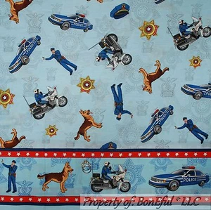 BonEful Fabric FQ Cotton Quilt 911 Police Man Dog German Shepherd Car Motorcycle - Picture 1 of 13