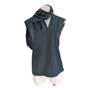 Joseph Medium Birley Blouse Dark Green Scarf Detail Wool Gabardine Cap Sleeves - Picture 1 of 11