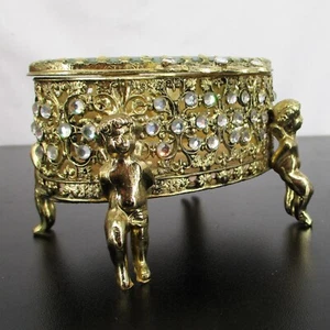 Ornate Ormolu Jewelry Box Gold Filigree Beveled Glass Footed Cherubs Casket Vtg - Picture 1 of 9